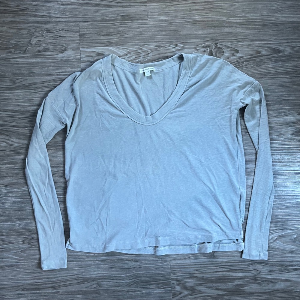 James Perse Standard Blue Grey V-Neck Long Sleeve Slub Cotton Tee Shirt Size 0
